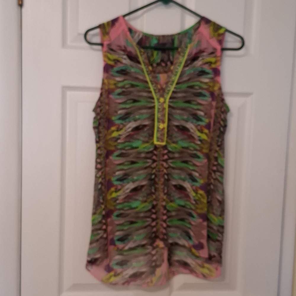 HALE BOB sz S, chiffon like, abstract print sleeveless blouse in pink & brown.